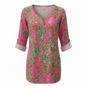Lilly Pulitzer Pink Floral V-Neck Roll-Sleeve Tunic Dress